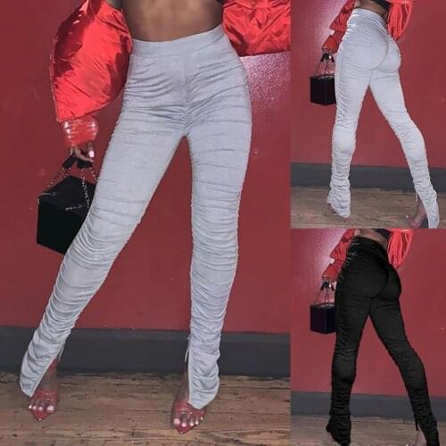 Women Fashion High Waist Elastic Ruched Slit Skinny Sport Pant Stacked Trouser stacked leggings женские штаны 2021