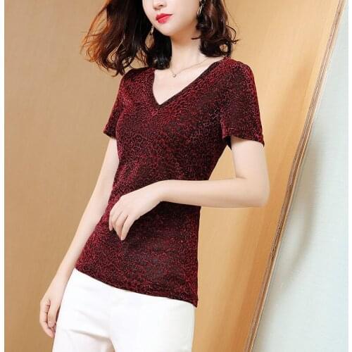 Womens Spring Summer Style Mesh Blouses Shirt Womens Leopard Knitted Short Sleeve V-neck Slim Elegant Tops DD8754