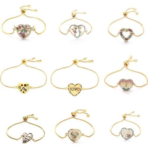 Daihe Luxury Rainbow Heart Bracelet Women Gold Plated Colorful Zircon Copper Chain Bracelet Adjustable Female Gift Jewelry New