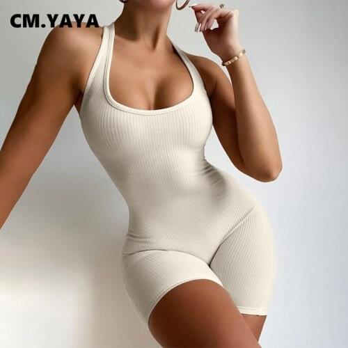 CM.YAYA Women Playsuit Solid Sleeveless O-neck Sheath Elastic Bodycon Playsuits Sexy Fashion Rompers One Piece Overalls Summer