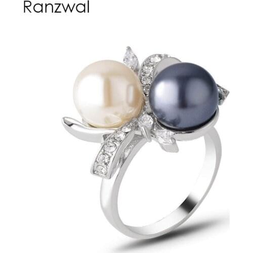 Ranzwal Women Simulated Pearls Rings Micro Paved Rhinestone Bowknot Ring Female Jewelry US SIZE 6~9