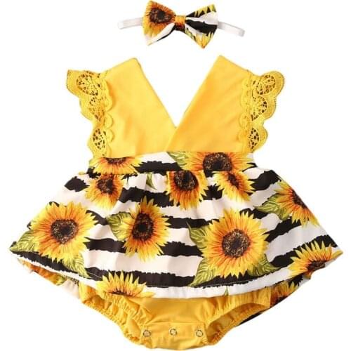 2021 Cute Baby Girl Clothes Daisy Print Lace Sleeve Bodysuits Dress Backless Jumpsuit Outfit Playsuit Sunsuit Clothing 2pcs