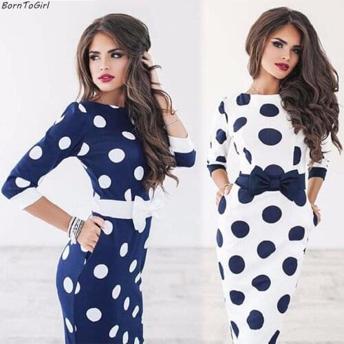 BornToGirl 2020 Summer Autumn Slim Sexy Dress Women 3/4 Sleeve Round Neck White Blue Polka Dot Dress robe femme
