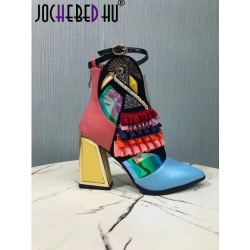【JOCHEBED HU】Designer New High Heel Shoes Women Ruffles Bird Decor Party Heels Bling Rhinestone Chunky Heel Novelty Boots 33-46