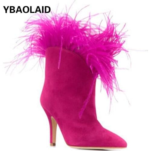 Ostrich Fur Short Boots Autumn and Winter Fashion Feather Decoration Pointed Toe Stiletto Sleeve Fashionable Sexy Womens Boots