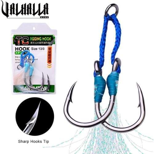 VALHALLA 50Pack Fishing Hook 1/0-3/0-5/0-7/0-9/0-11/0-13/0# Jig Hook Slow Jigging Barbed Assist Hooks With Thread Feather Pesca