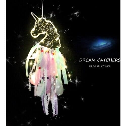 Unicorn Dream Catcher with LED Lights Dream Catchers Handmade Colorful Light Up Feather Baby Room Decor Kid Bedroom Decoration