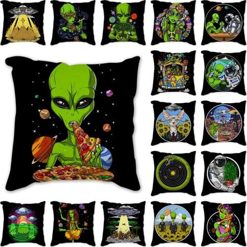 Cartoon Decorative Cushion Cover Linen Throw Pillow Cover Mysterious alien Print Pillow Case Home Office Sofa Decor 45x45cm