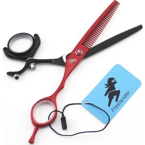 "440C Flat Cut Tooth Cut 360 Degree Rotating Handle Personalized Hair Scissors Japan Black Red Paint 6.0 Inch Model Number Size"