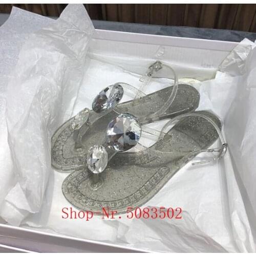 Luxury Big Square clear Crystal flats T-Strap Ankle Strappy Buckle Women Sandals Flip Flops Sandalias De Mujer