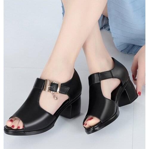 Women Sandals Summer Fashion Buckle Peep Toe Casual Mom Shoes Pu Leather Thick Heels High Heels Pumps Shoes Lady Footwear 2021
