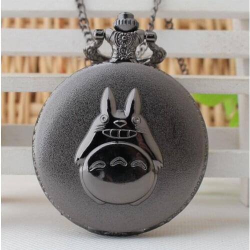 Vintage Black Totoro Quartz Pocket Watch Hot Japanese Anime My Neighbor Totoro Pendant Necklace Jewelry Clock Gift Student Kids
