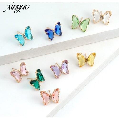 XINYAO Fashion Crystal Glass Butterfly Flower Stud Earrings For Women Girl Transparent Statement Earring Jewelry Ear Accessories