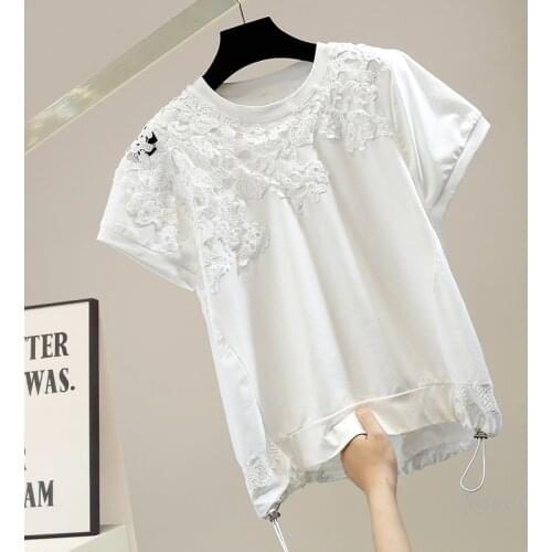Lace Stitching Draw Rope T-shirt Womens White Black Cotton Short Sleeve Loose Top Tees Summer 2021