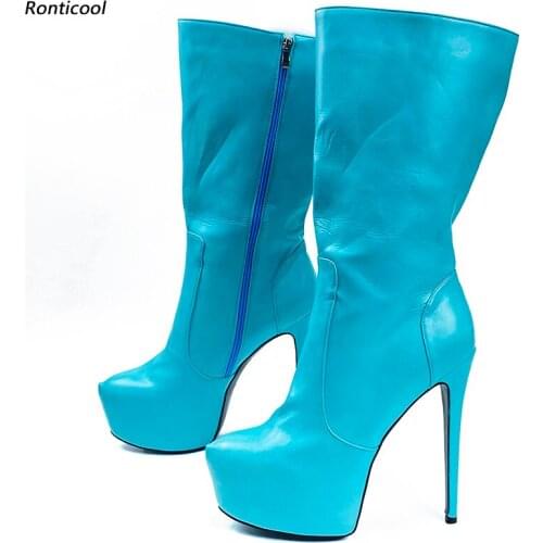 Ronticool Women 5.5 Cm Platform Mid Calf Boots Unisex Side Zipper 17-18 Stiletto Heels Round Toe Sky Blue Shoes Women Size 35-52