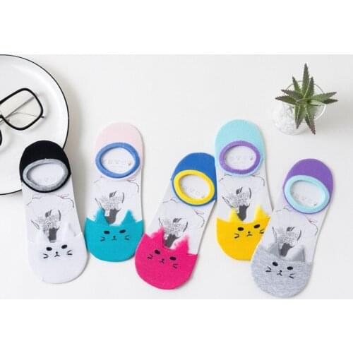 Women Socks Silk Lace Transparent Socks Womens Mesh Sox Summer Ankle Cat print Cartoon Sexy Socks Kawaii Cute Sheer Hosiery Sox