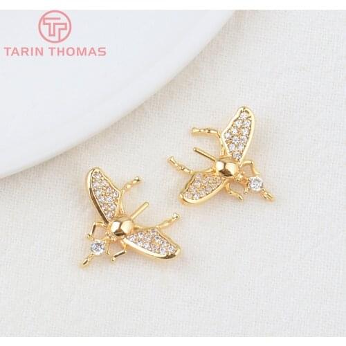 4PCS 14x15MM Hole 1MM 24K Gold Color Plated Brass with Zircon Insect Charms Pendants High Quality Jewelry Accessories