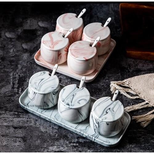Household ceramic seasoning box double seasoning jar set creative gray marble salt shaker seasoning bottle kitchen supplies