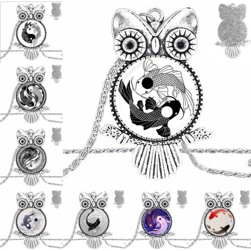 EJ Glaze Yin Yang Fish Bronze Color Glass Cabochon With Owl Shaped Pendant Choker Necklace For Unisex Gift