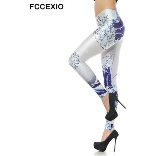 FCCEXIO The Great Sea Wave Printed Best Legins Womens Fashion Leggings Workout Pants High Waist Elastic Fitness Basic Leggings