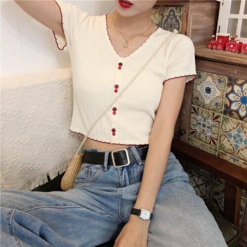 2020 Summer V Neck Button Tee Women Solid Color Crop Top Short Sleeve T-shirt Female Korean Style Shirt Camiseta Mujer En