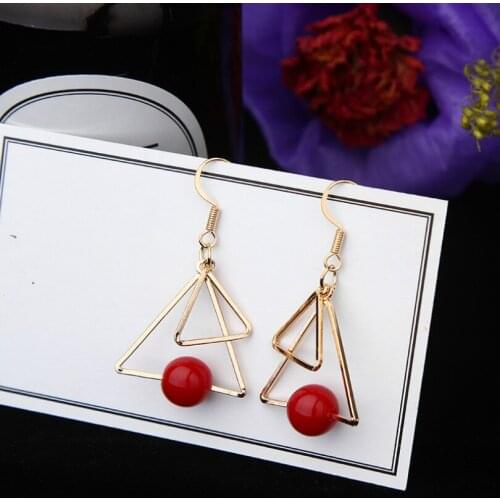 Fashion Jewelry Simple Round Beads Red Double Size Triangle Earrings Bohemian Earrings Women Elegant Geometric Earrings