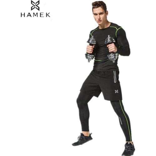 HAMEK 2017 Men Sports Suit 3pcs Quick Dry Reflective Running Set Compression Tights Underwear Basketball Fitness Training Suit