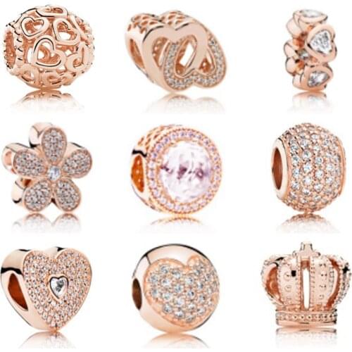 NEW Fashion CZ Paved Bead European Rose Gold Fits Silver Charm Bracelet Sterling Silver S925 Original Beads For Jewelry Making
