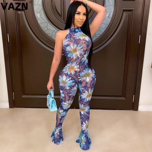 VAZN 2020 New Elegant Women Ladies Rompers Colorful Floral Print Jumpsuit Sexy Fashion Sleeveless Jumpsuits