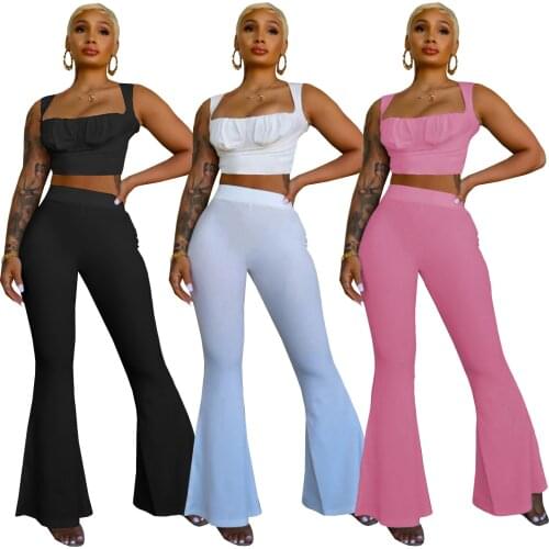 2021 New Summer Clothes for Women Sexy Ruched Solid Sleeveless Pullover Full Length Flare Pants 2 Piece Sets Womens Outfits