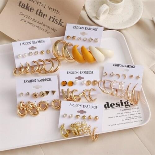 2021 new ladies earrings temperament retro golden Ear ring Suit 6-piece set