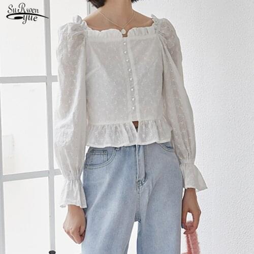 2021 Autumn Hollow Lace Blouse Women One-shoulder White Blouse All-match Solid Long-sleeved Bottoming Shirt Blusas Mujer 15779