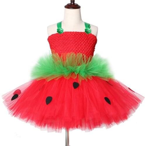 Cute Strawberry Tutu Dress Red Green Tulle Flowers Princess Girls Birthday Party Dress Children Kids Christmas Halloween Costume