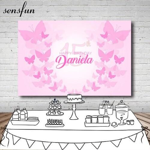 Sensfun Pink Girls Sweet 15 Birthday Party Backdrop Butterfly Customized Photography Backgrounds For Photo Studio 7x5FT Vinyl