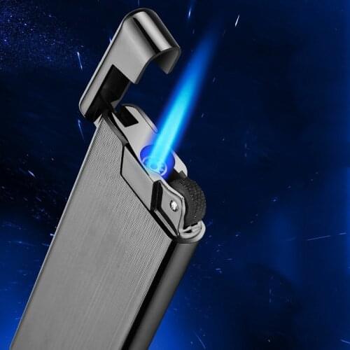 Ultra-Thin Portable Cigarette Lighter Grinding Wheel Windproof Gas Lighter Torch Metal Spray Gun Cigar Butane Lighter Blue Flame