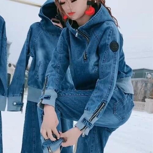 Spring 2021 new denim suit red loose casual jeans two piece suit for women