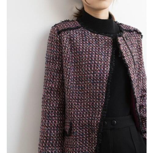Wool blend vintage tweed zipper slim jacket coat