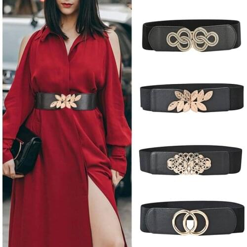 High quality Fashion Women Elastic Belts Designer Leaf Double Circle Buckle Waist Strap Dress Coat Sweater Decorative Waistband