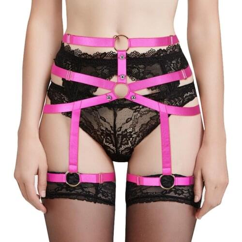Hot Pink Strappy Garter Belt Women Waist Leg Suspender Caged Punk Gothic Plus Size Elastic Dance Cosplay Clothing Body Harness