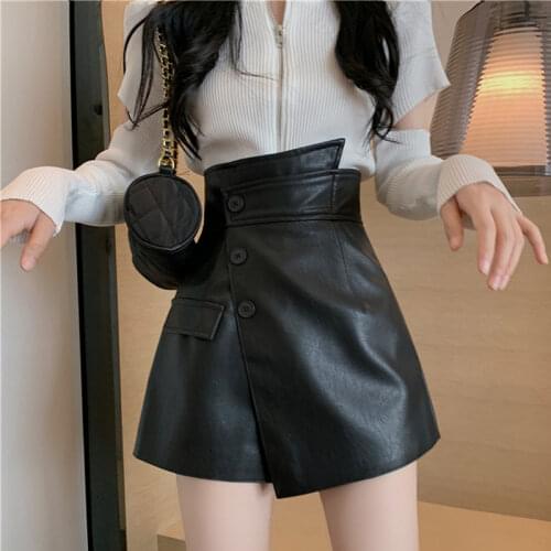 Lucyever 2021 Autumn Two Piece Set Women O-neck Hole Zipper Knitted Top and Irregular Diagonal Buttons PU Leather Shorts Female