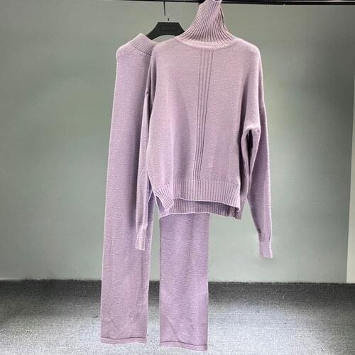 Womens Fashion Long sleeve turtleneck Knitted sweaters +wide leg Long Trousers stylish ladies 2PCS Sets 075