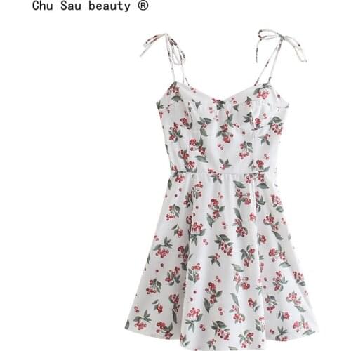 French Vintage Cherry Print Camisole Lace-Up Dress 2021 Summer New V-Neck High Waist Dress For Women Zipper Vestido