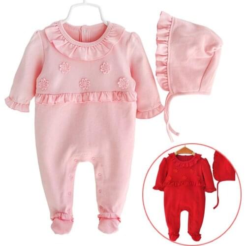 New Fall Baby Girl Cotton Ruffle Footies One-piece Overall with Cap Red Pink 1 PieceInfant Girl Clothing Born Gift 3m 6m 9m