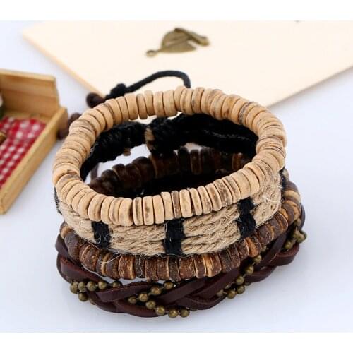 4PCS/Set Boho Hippie Punk Copper Charm Beige Wooden Beads Brown Cord Macrame Layers Leather Bracelets Bangles Unisex Jewelry