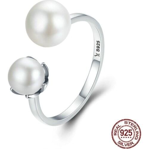 Brand Design Genuine Pearl Ring Open 925 Sterling Silver Ring Double Pearl Ring for women Wedding Party fine Jewelry