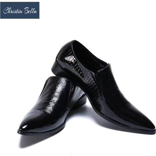 Christia Bella Mens Black Leisure Patent Leather Dress Shoes Male Elastic Big Size Derby Office Business Meeting Shoes