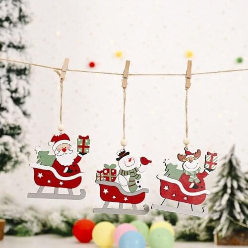 Ski Car Wooden Pendant Cartoon Snow Man Tree Ornament Handicrafts Holiday Christmas Celebration Decoration Home Furnishings