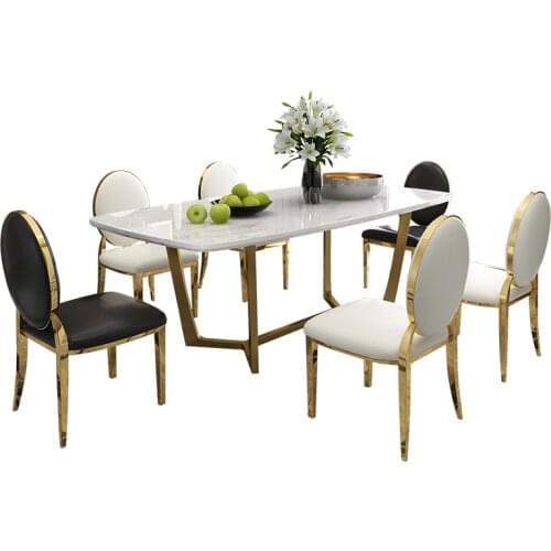 Designer unique new stainless steel golden dining room set with marble table and 6 leather chairs mesa de jantar muebles comedor