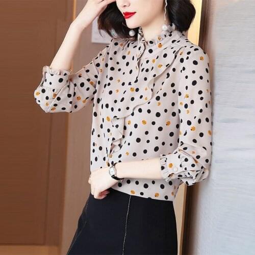 Summer Women High-End Chiffon Long Sleeve Dots Tops Fashion Blouses Lady Shirts Stand-Up Collar Loose Blusas MM0292