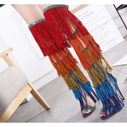 Hot Selling Women Fashion Open Toe Suede Leather Mix-color Tassels Over Knee Gladiator Boots Charming Fringes High Heel Boots